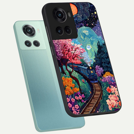 Celestial Train Journey phone case For OnePlus 10R showing premium glass back cover with detailed artwork