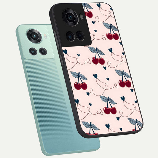 Cherry Heart Line phone case For OnePlus 10R showing premium glass back cover with detailed artwork