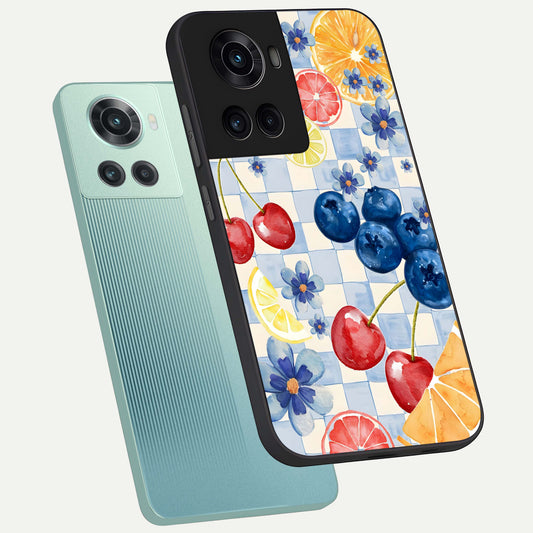 Citrus Bloom Joy phone case For OnePlus 10R showing premium glass back cover with detailed artwork