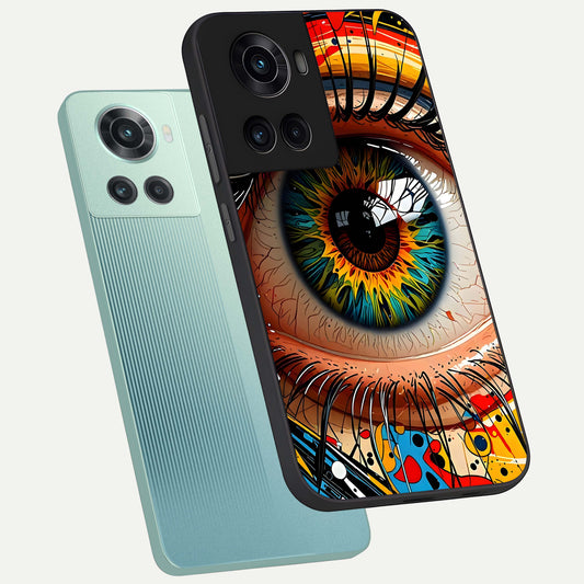 Colorful Eye phone case For OnePlus 10R showing premium glass back cover with detailed artwork