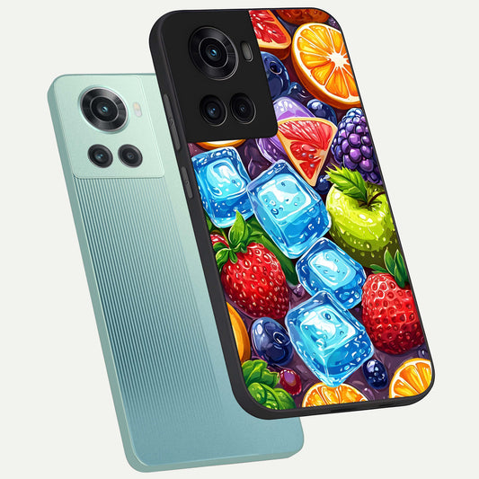 Colorful Fruits with Ice phone case For OnePlus 10R showing premium glass back cover with detailed artwork