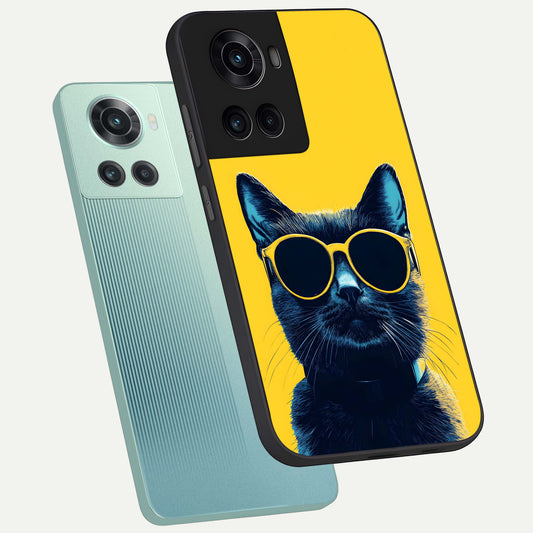 Cool Cat Vibes phone case For OnePlus 10R showing premium glass back cover with detailed artwork
