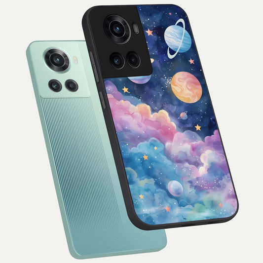 Cosmic Planet Dreams phone case For OnePlus 10R showing premium glass back cover with detailed artwork