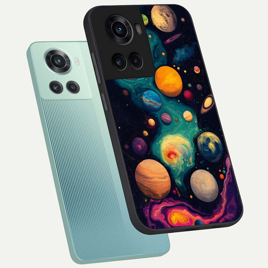 Cosmic Planet Journey phone case For OnePlus 10R showing premium glass back cover with detailed artwork