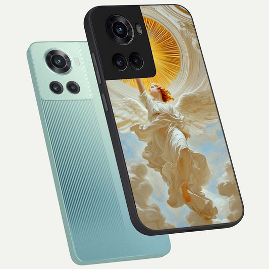 Divine Light Angel phone case For OnePlus 10R showing premium glass back cover with detailed artwork
