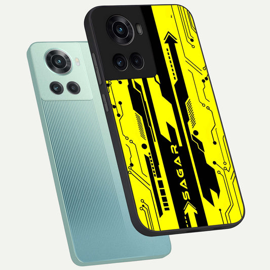 Electric Pulse CYBERPUNK Custom Name phone case For OnePlus 10R showing premium glass back cover with detailed artwork