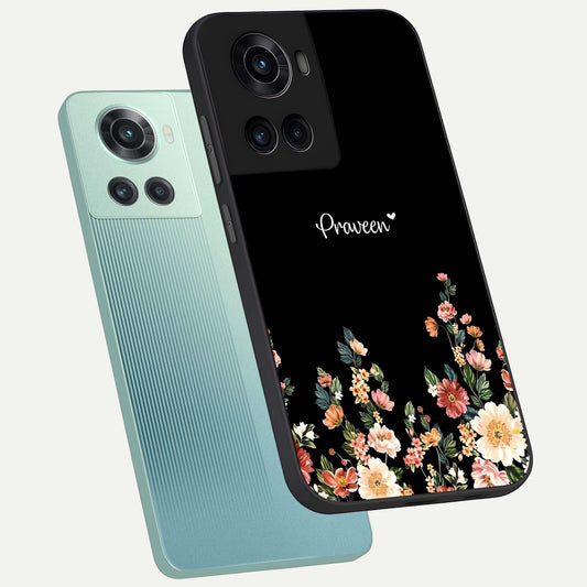 Floral Design Personalized Custom Name phone case For OnePlus 10R showing premium glass back cover with detailed artwork