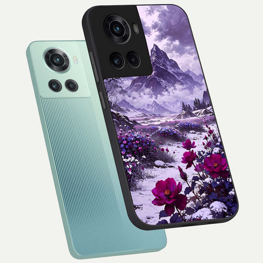 Flower Mountain View phone case For OnePlus 10R showing premium glass back cover with detailed artwork