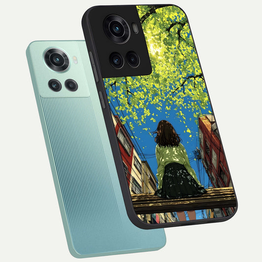 Golden Leaves Glow phone case For OnePlus 10R showing premium glass back cover with detailed artwork