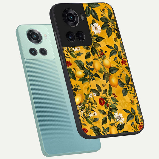 Golden Lemon Field phone case For OnePlus 10R showing premium glass back cover with detailed artwork