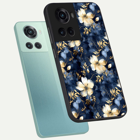 Golden Midnight Bloom phone case For OnePlus 10R showing premium glass back cover with detailed artwork