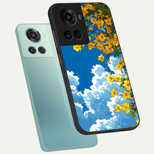 Golden Petal Sky phone case For OnePlus 10R showing premium glass back cover with detailed artwork