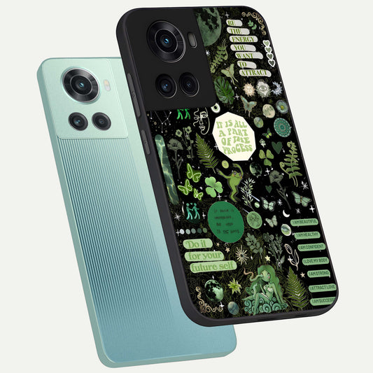 Green Mandala Pattern phone case For OnePlus 10R showing premium glass back cover with detailed artwork