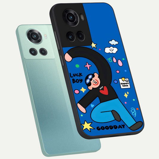 Happy Luck Vibe phone case For OnePlus 10R showing premium glass back cover with detailed artwork