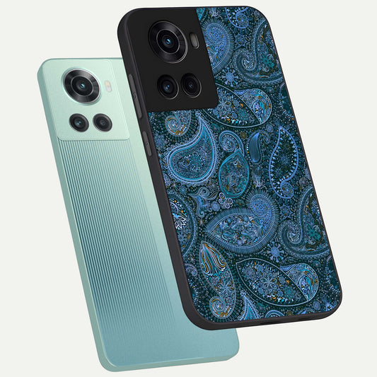 Midnight Paisley Glow phone case For OnePlus 10R showing premium glass back cover with detailed artwork