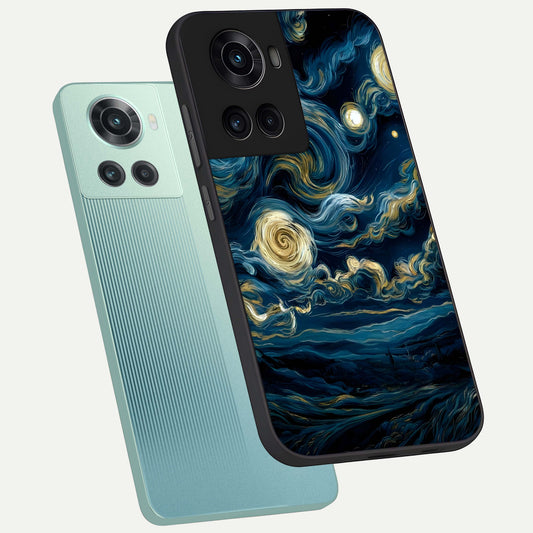 Midnight Sky Whirl phone case For OnePlus 10R showing premium glass back cover with detailed artwork