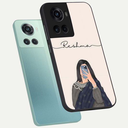 Mirror Mood Muse With Custom Name phone case For OnePlus 10R showing premium glass back cover with detailed artwork