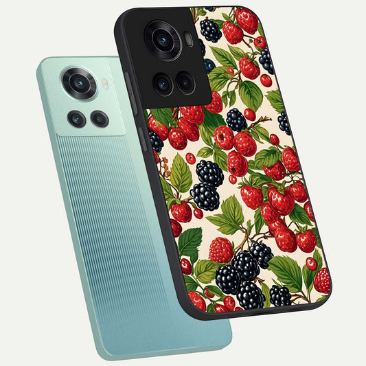 Mixed Berry Collage phone case For OnePlus 10R showing premium glass back cover with detailed artwork