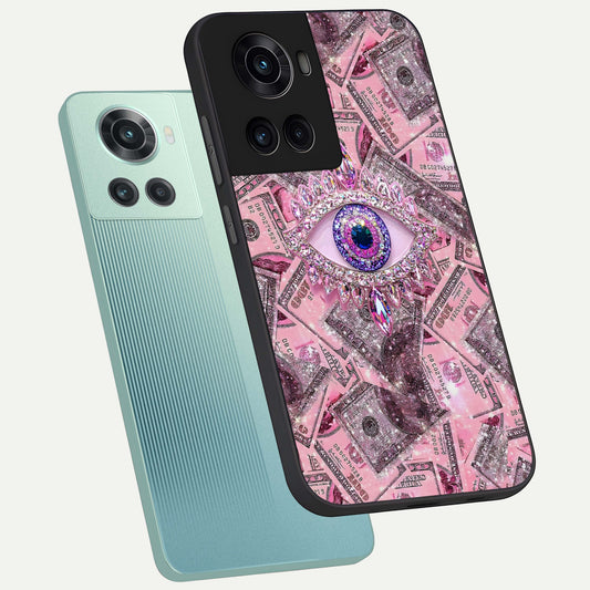 Money Eye Luxe phone case For OnePlus 10R showing premium glass back cover with detailed artwork