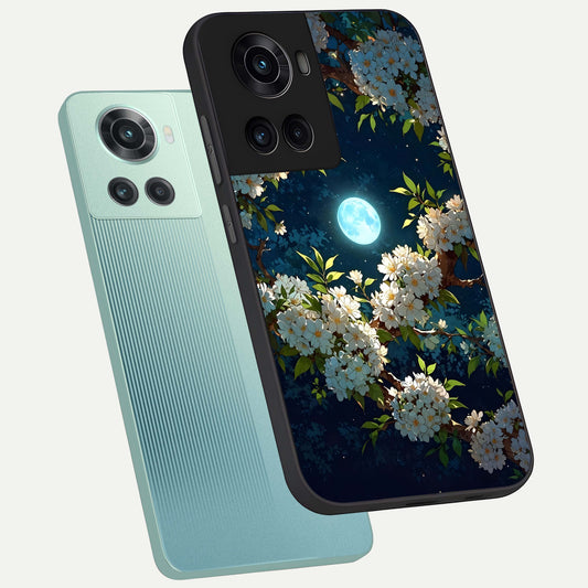 Moonlit Blossom Dream phone case For OnePlus 10R showing premium glass back cover with detailed artwork