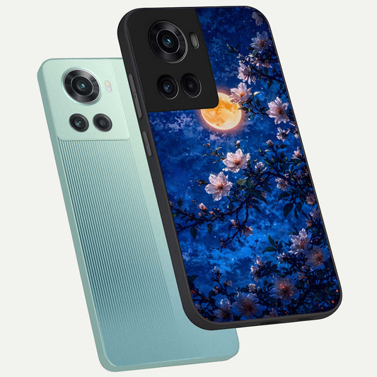 Moonlit Blossoms Night phone case For OnePlus 10R showing premium glass back cover with detailed artwork