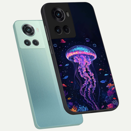 Neon Jellyfish phone case For OnePlus 10R showing premium glass back cover with detailed artwork
