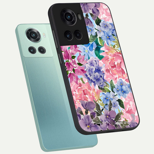 Pastel Floral Mix phone case For OnePlus 10R showing premium glass back cover with detailed artwork