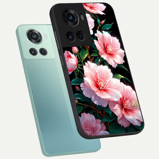 Peach Flower phone case For OnePlus 10R showing premium glass back cover with detailed artwork
