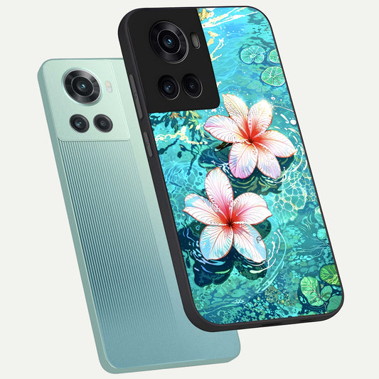 Pink Flowers in Water phone case For OnePlus 10R showing premium glass back cover with detailed artwork