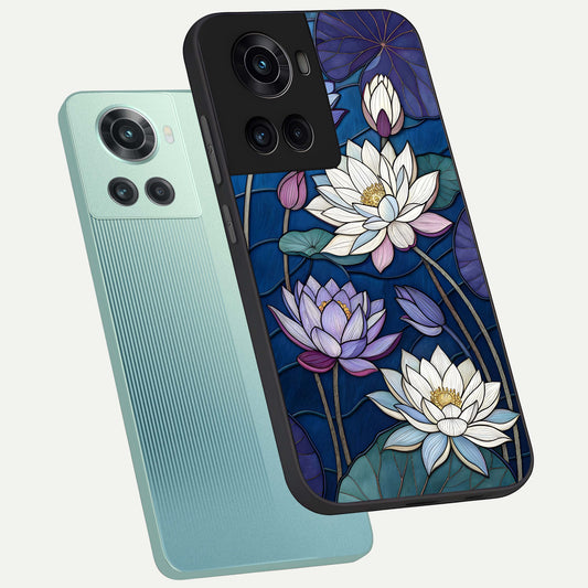 Purple Lotus Stained phone case For OnePlus 10R showing premium glass back cover with detailed artwork
