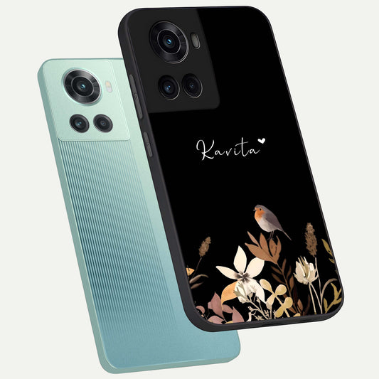 Quiet Garden Tune Custom Name phone case For OnePlus 10R showing premium glass back cover with detailed artwork