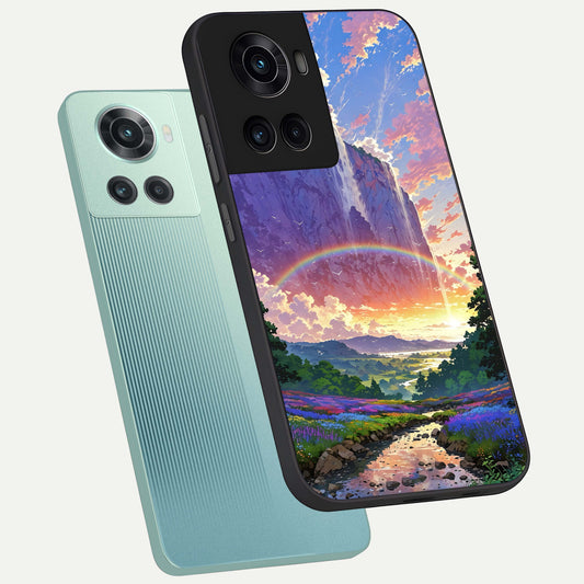 Rainbow Valley Dream phone case For OnePlus 10R showing premium glass back cover with detailed artwork