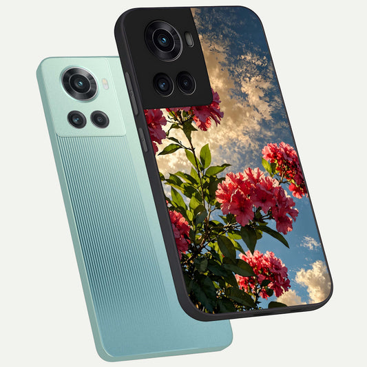 Red Bloom Skies phone case For OnePlus 10R showing premium glass back cover with detailed artwork