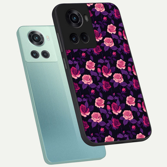 Rose Garden Twilight phone case For OnePlus 10R showing premium glass back cover with detailed artwork