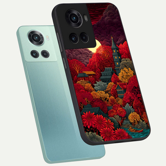 Scarlet Autumn Temple phone case For OnePlus 10R showing premium glass back cover with detailed artwork