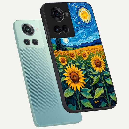 Starry Sunflower Dreams phone case For OnePlus 10R showing premium glass back cover with detailed artwork