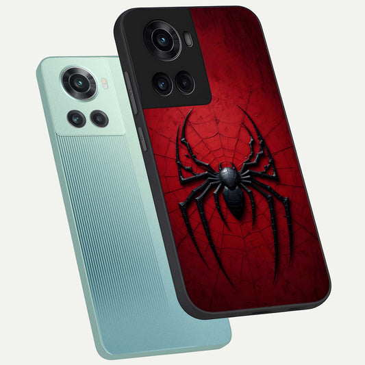 Superhero Web Emblem phone case For OnePlus 10R showing premium glass back cover with detailed artwork