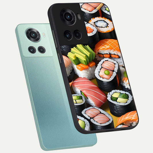 Sushi Food Pattern phone case For OnePlus 10R showing premium glass back cover with detailed artwork