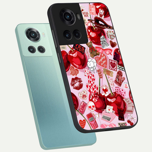 Sweet Cherry Chaos phone case For OnePlus 10R showing premium glass back cover with detailed artwork