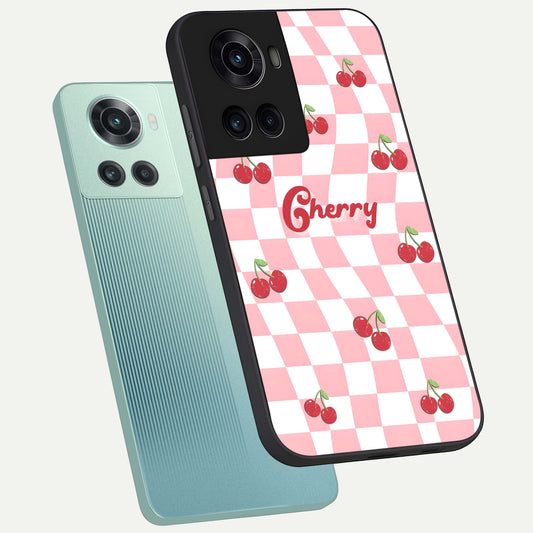Sweet Cherry Vibes phone case For OnePlus 10R showing premium glass back cover with detailed artwork