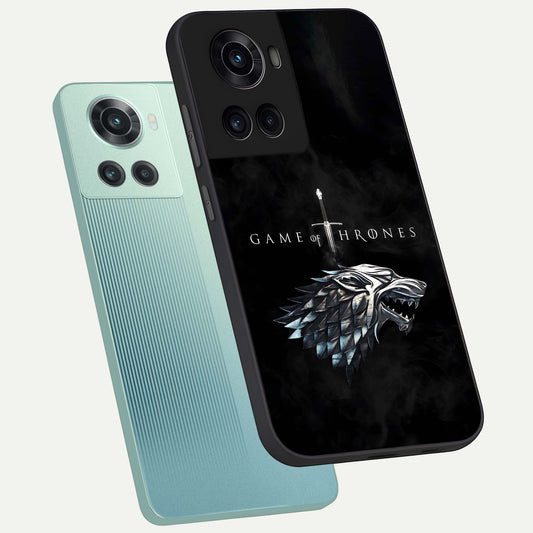 Throne Wolf Legacy phone case For OnePlus 10R showing premium glass back cover with detailed artwork