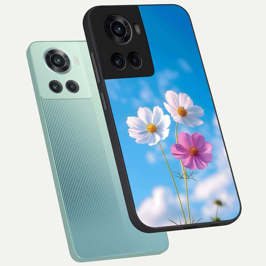 Tripple Flowers With Sky phone case For OnePlus 10R showing premium glass back cover with detailed artwork