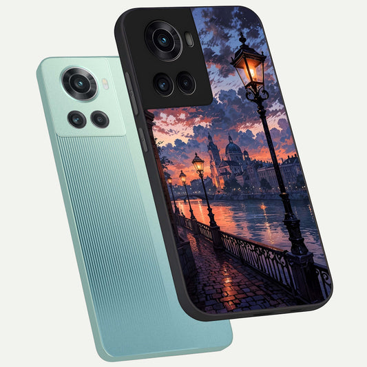 Twilight River Lights phone case For OnePlus 10R showing premium glass back cover with detailed artwork