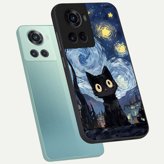 Van Gogh Cat phone case For OnePlus 10R showing premium glass back cover with detailed artwork