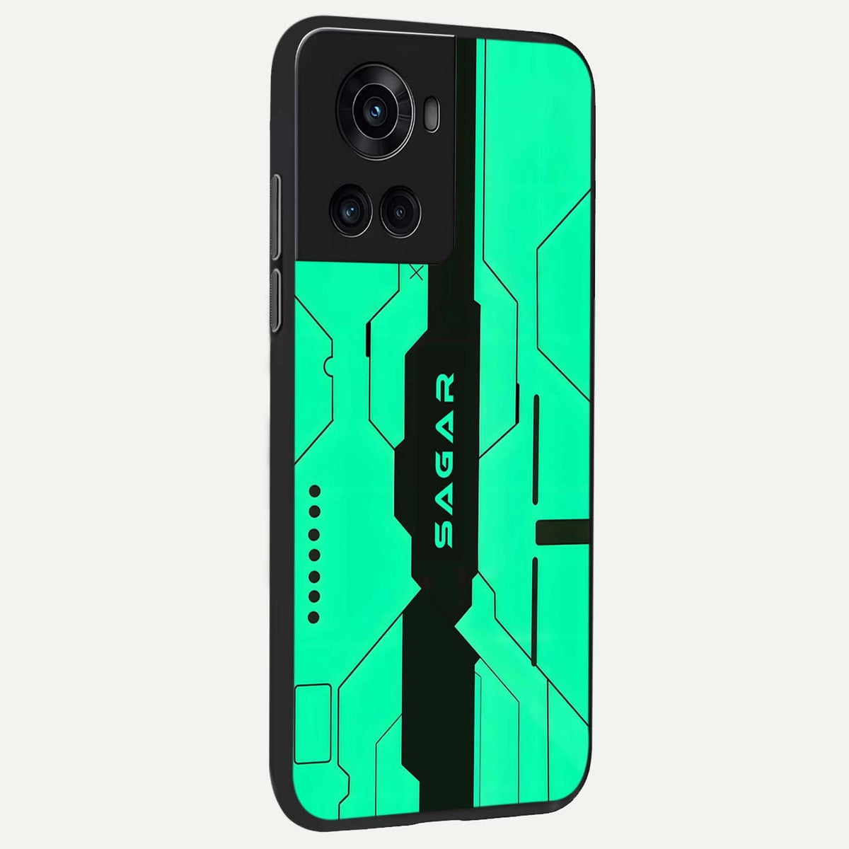 Aqua Tech CYBERPUNK Custom Name back cover For OnePlus 10R slim fit glass case with vibrant aesthetic design