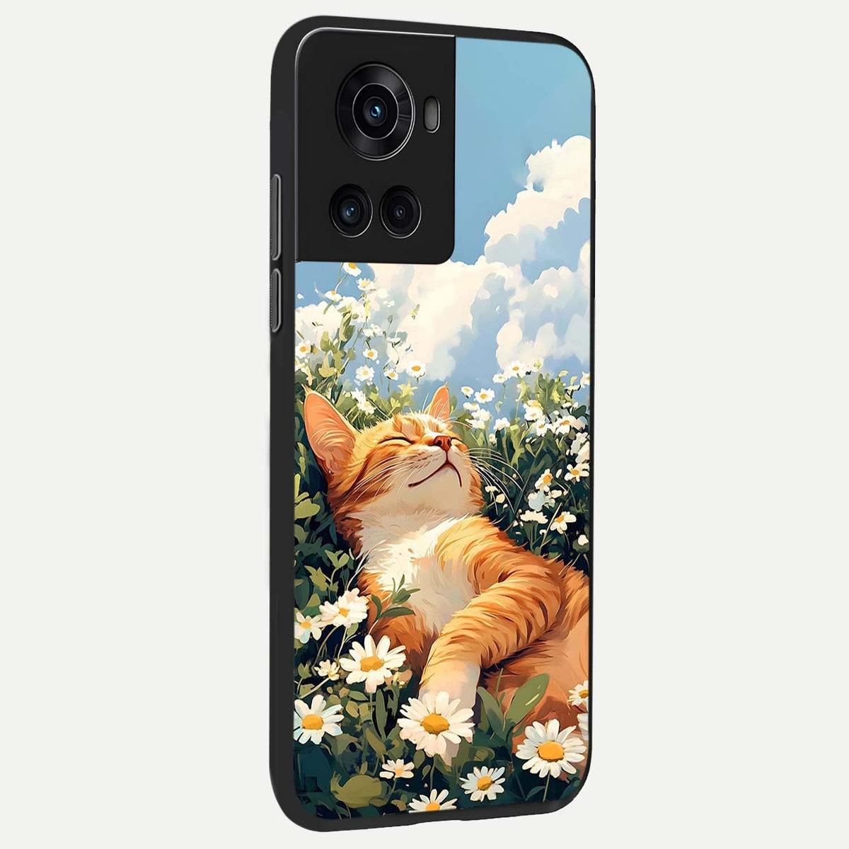 Cat And Flowers View back cover For OnePlus 10R slim fit glass case with vibrant aesthetic design