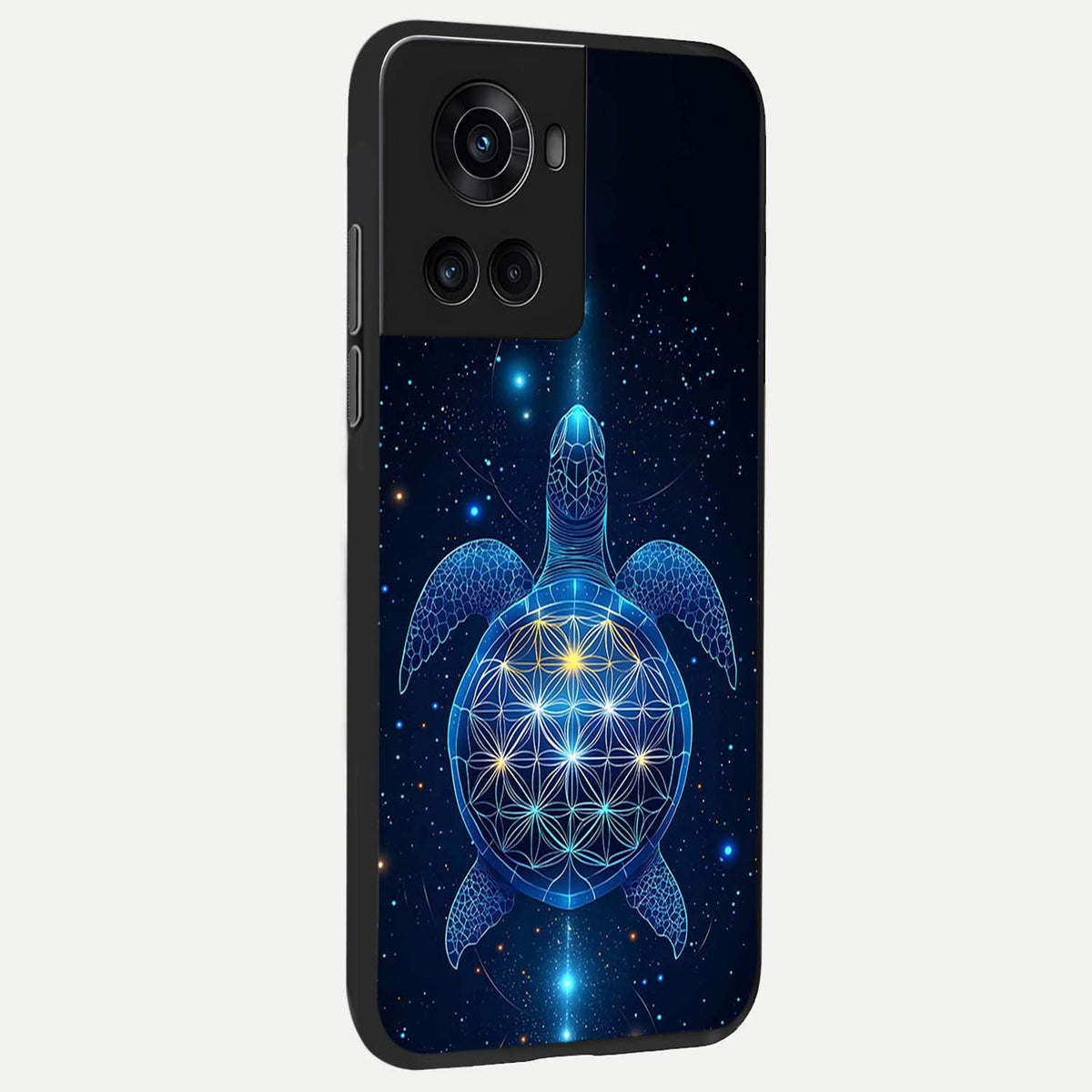 Crimson Blue Turtle back cover For OnePlus 10R slim fit glass case with vibrant aesthetic design
