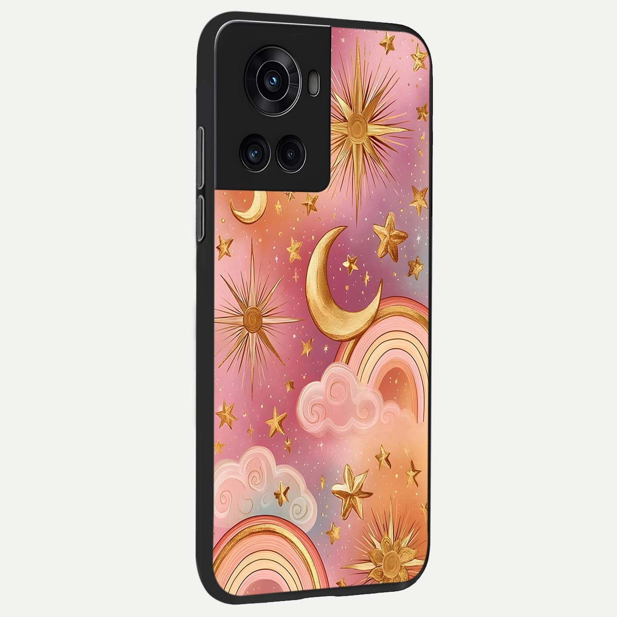 Golden Celestial Dreams back cover For OnePlus 10R slim fit glass case with vibrant aesthetic design