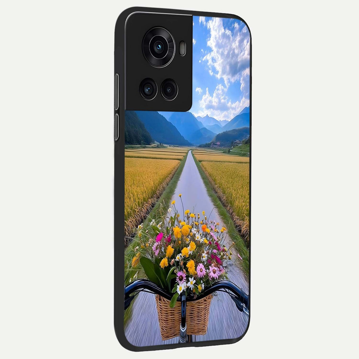 Golden Field Journey back cover For OnePlus 10R slim fit glass case with vibrant aesthetic design