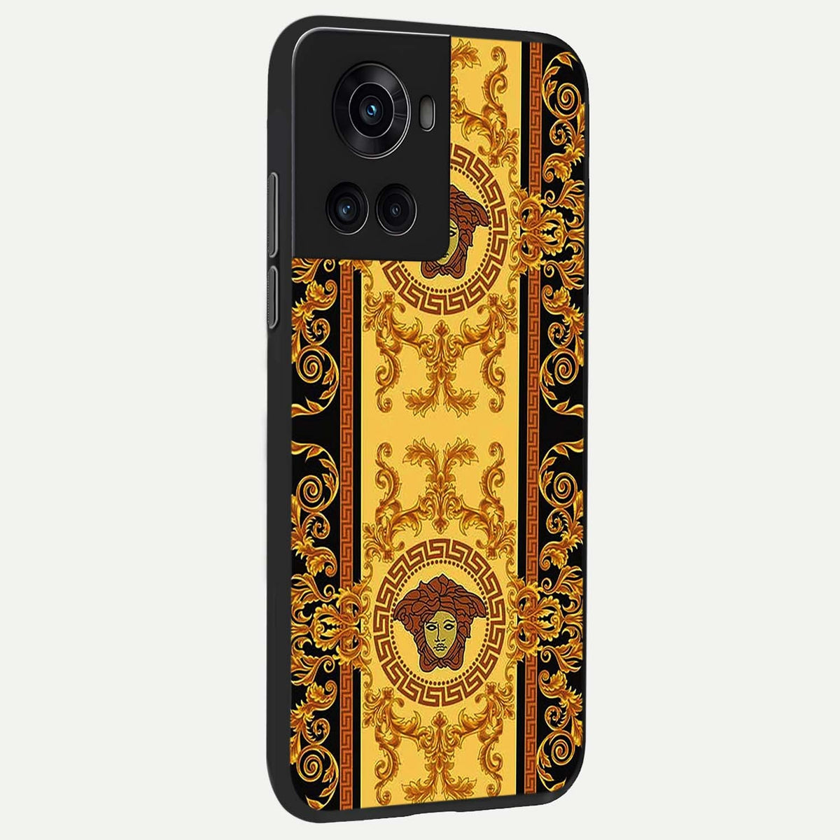 Golden Royal Heritage back cover For OnePlus 10R slim fit glass case with vibrant aesthetic design